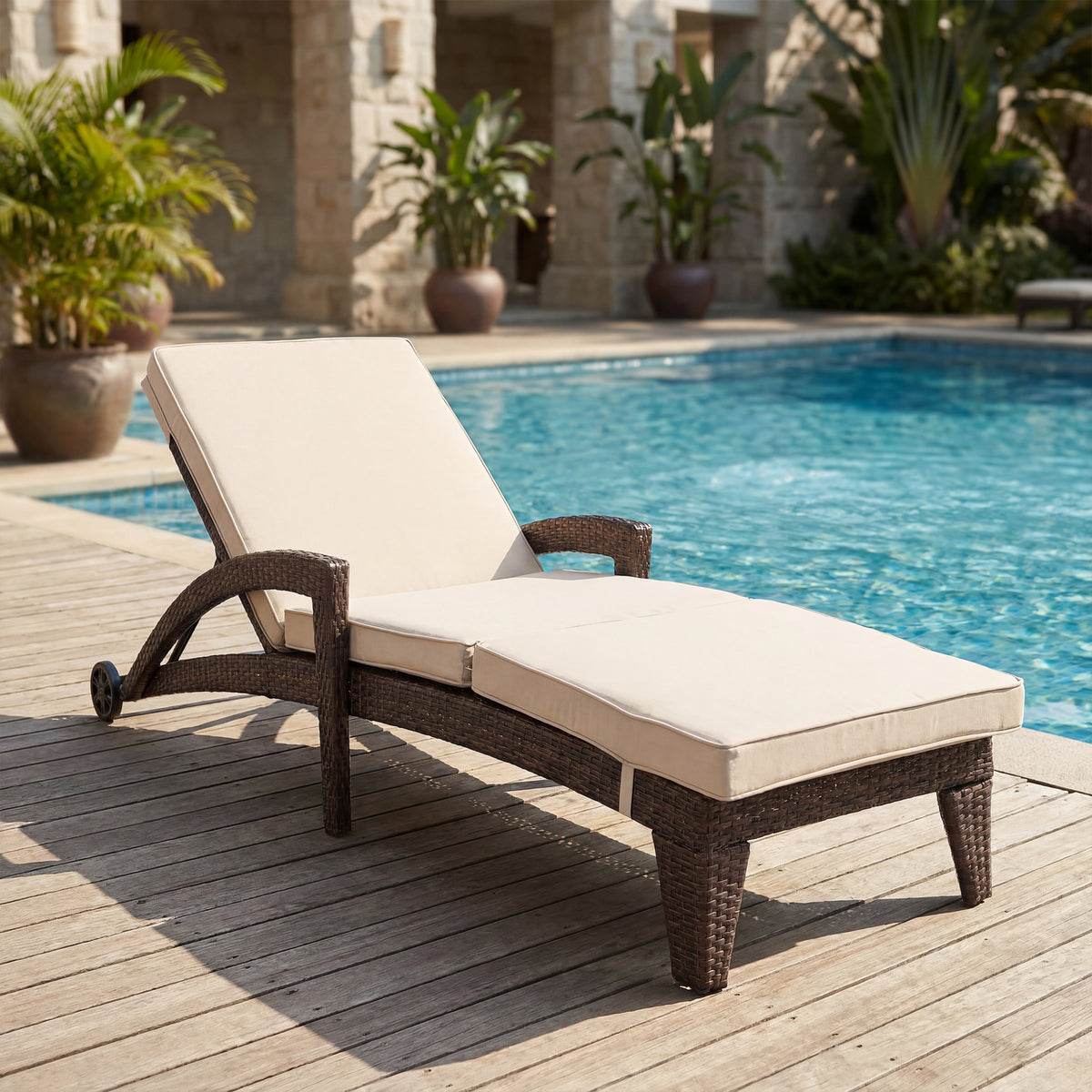 Brich Rattan Chaise Lounge with wheels (Set of 2)